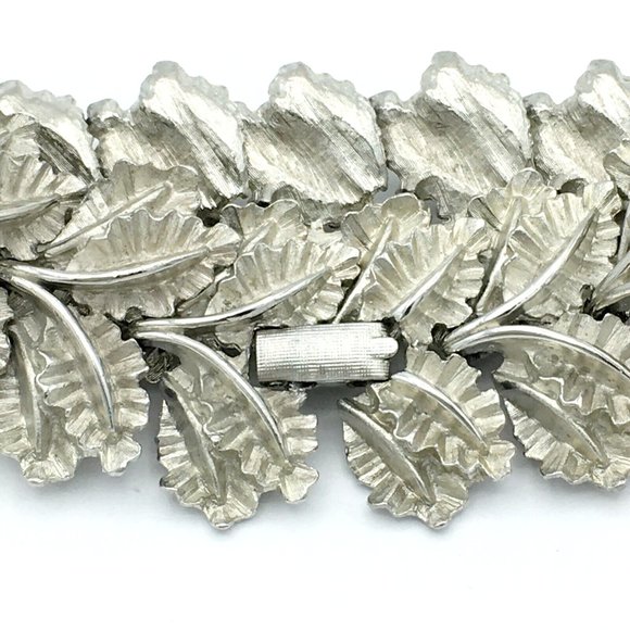 ARTICULATED LEAF panel bracelet - wide vintage silver-tone textured shiny retro - Picture 5 of 5